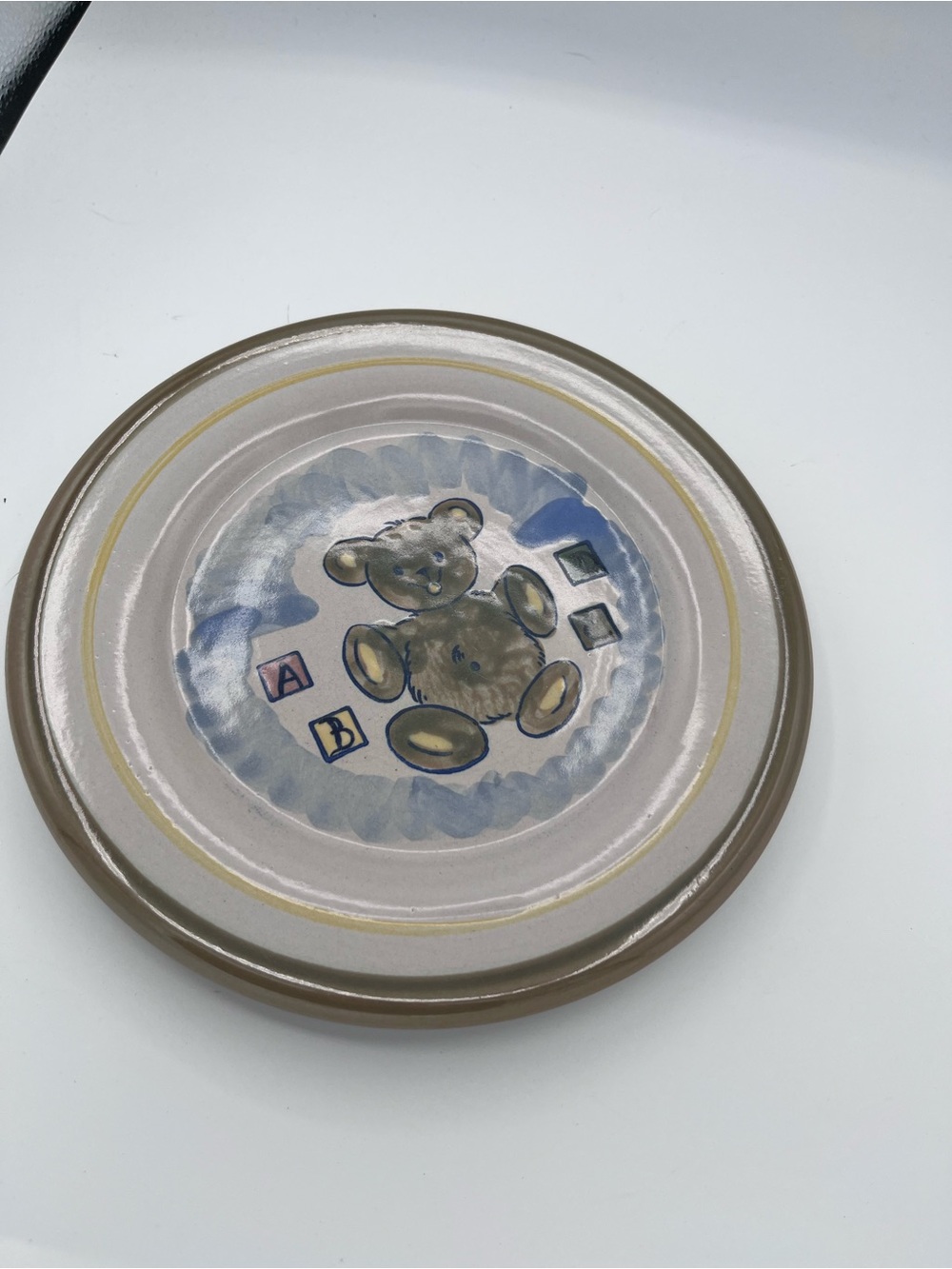 Vintage Louisville Stoneware 9 1/4" Kids ABCD Teddy Bear Plate Hand Made